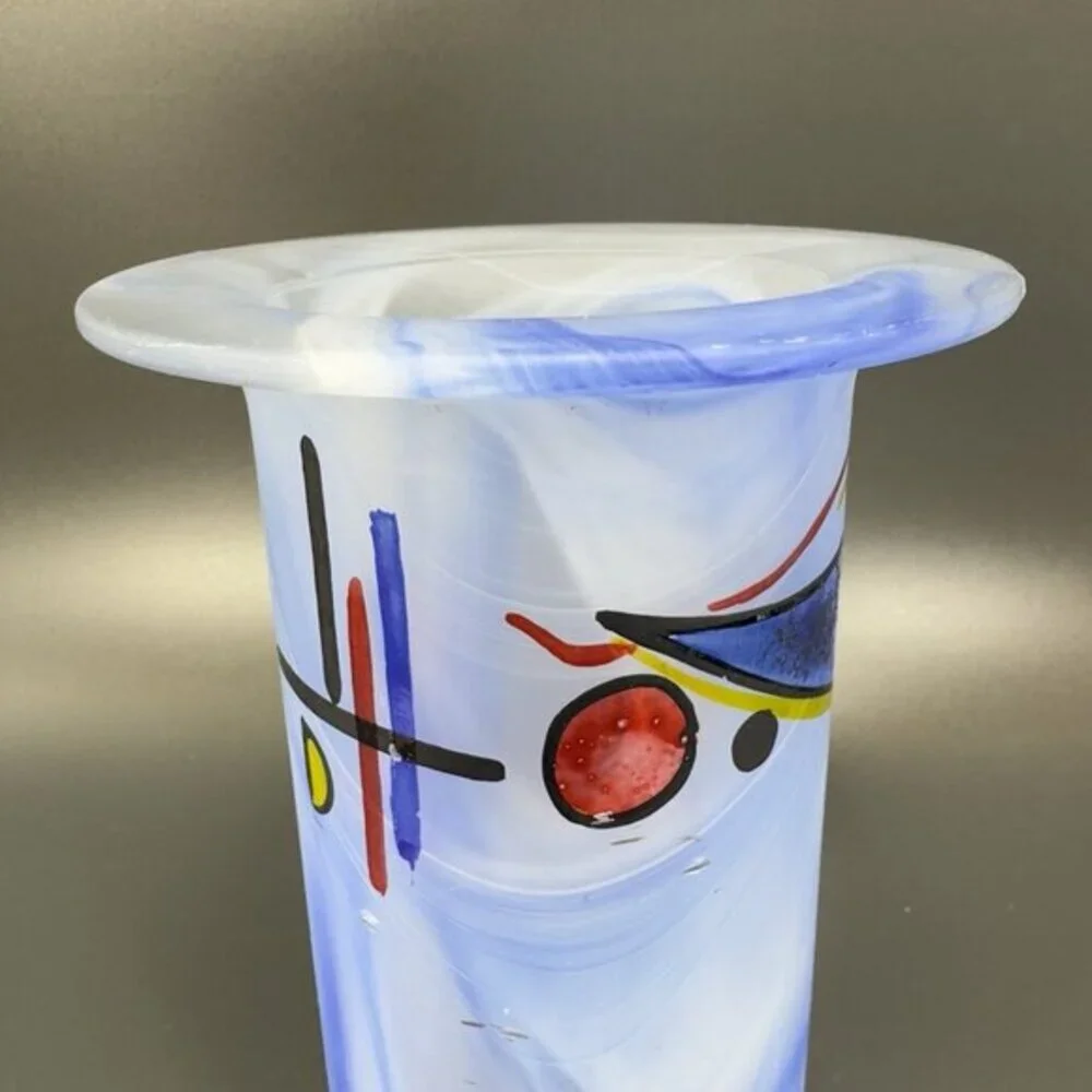 Hand Made German Art Glass Vase Vessel‎ Hand Painted Decorated Swirl Slag Glass